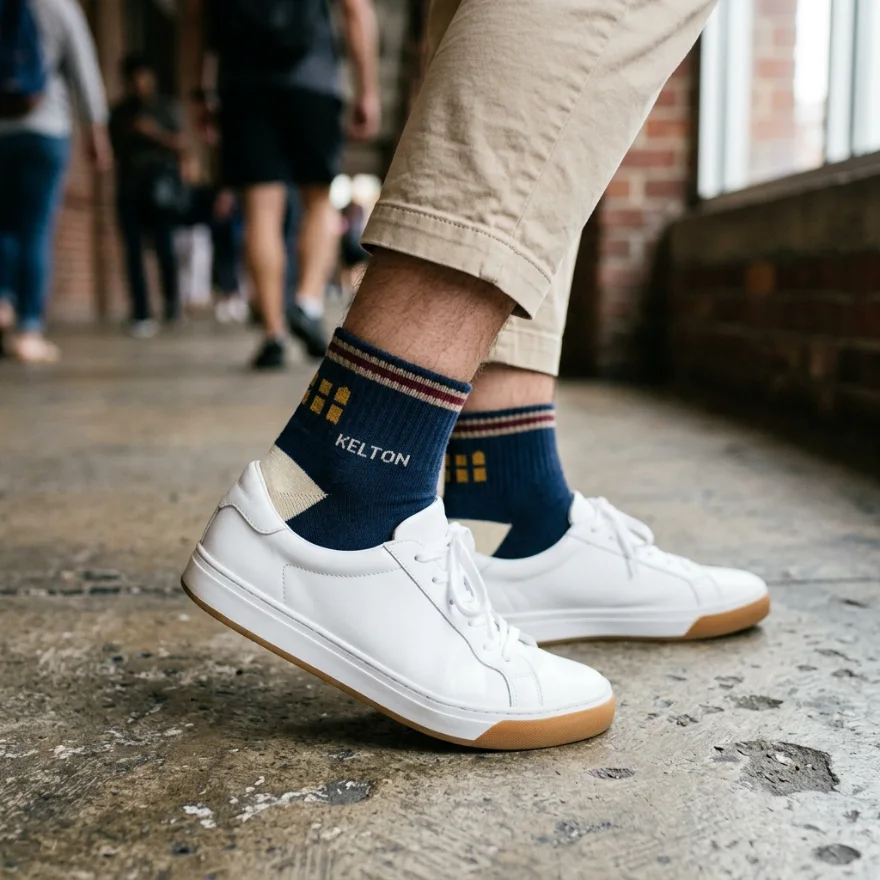 Custom navy Kelton ankle socks with a gold window motif, worn with white sneakers