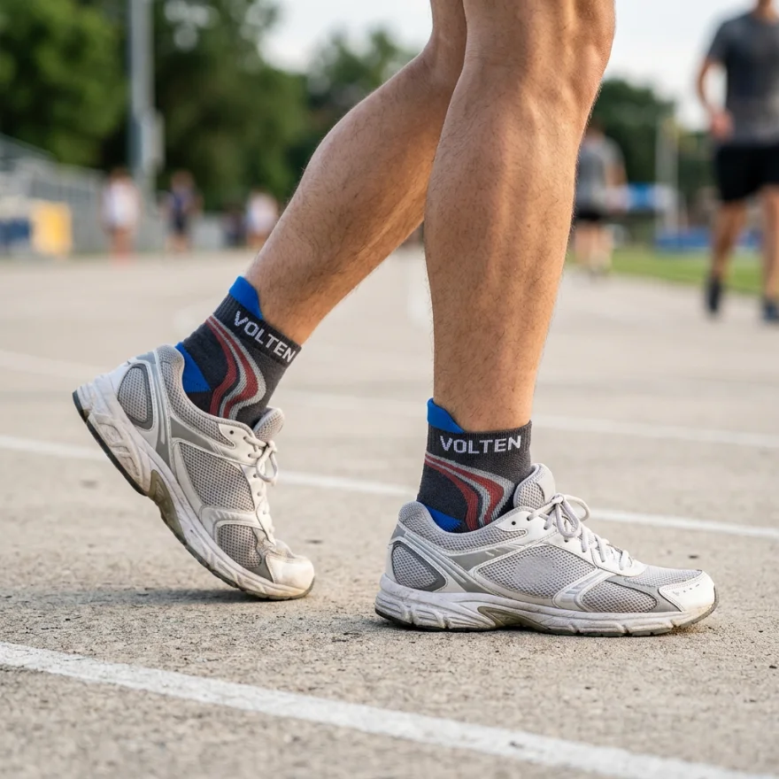 Custom charcoal Volten ankle socks with a blue and red wave pattern, worn with running shoes on a track