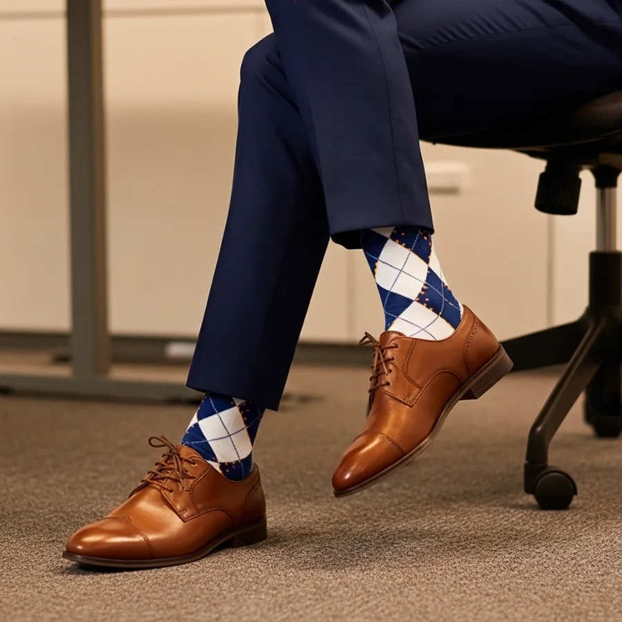 Custom navy and white argyle crew socks worn with brown dress shoes in an office