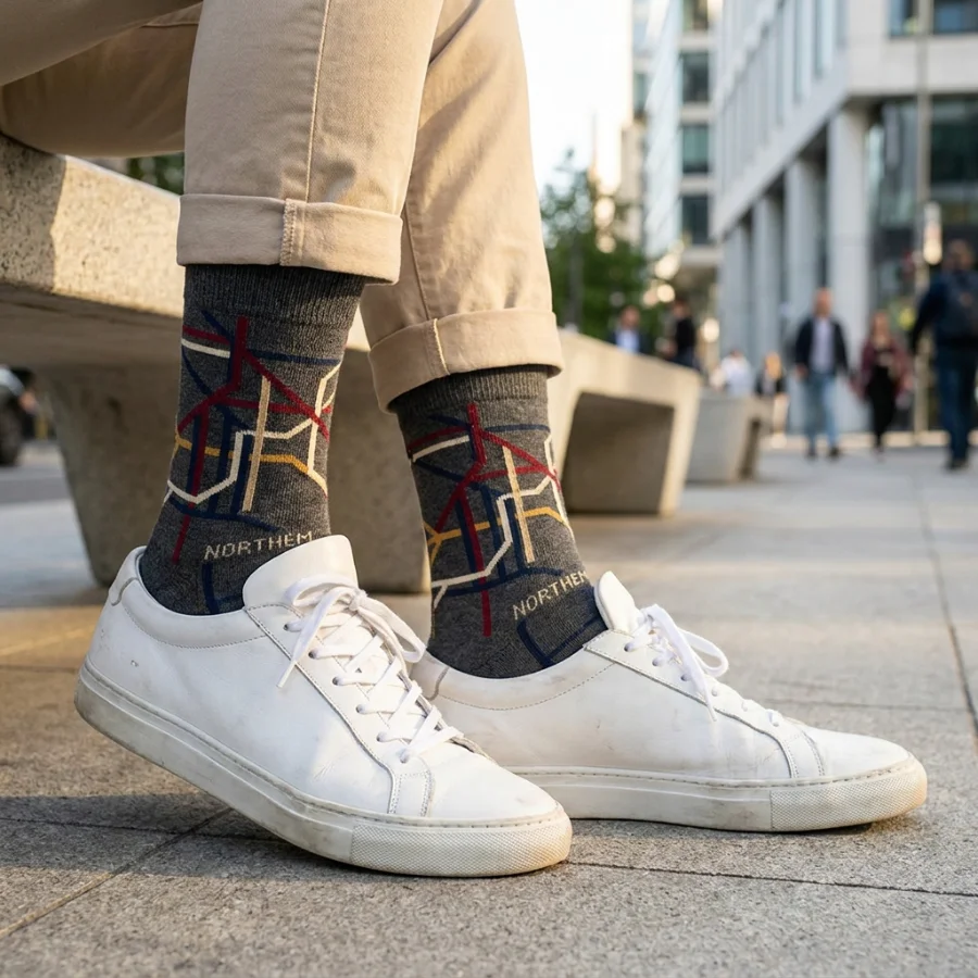 Custom grey crew socks with a colorful urban transit-map pattern, worn with white sneakers