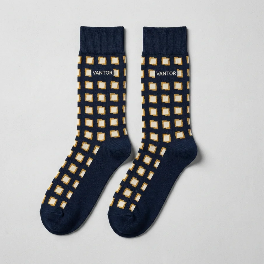 Custom navy crew socks with a cream and gold grid pattern and a woven VANTOR logo