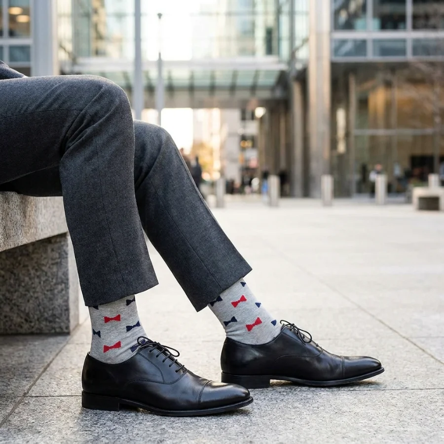 Custom grey dress socks with a red and navy bow-tie pattern, worn with a charcoal suit and black shoes