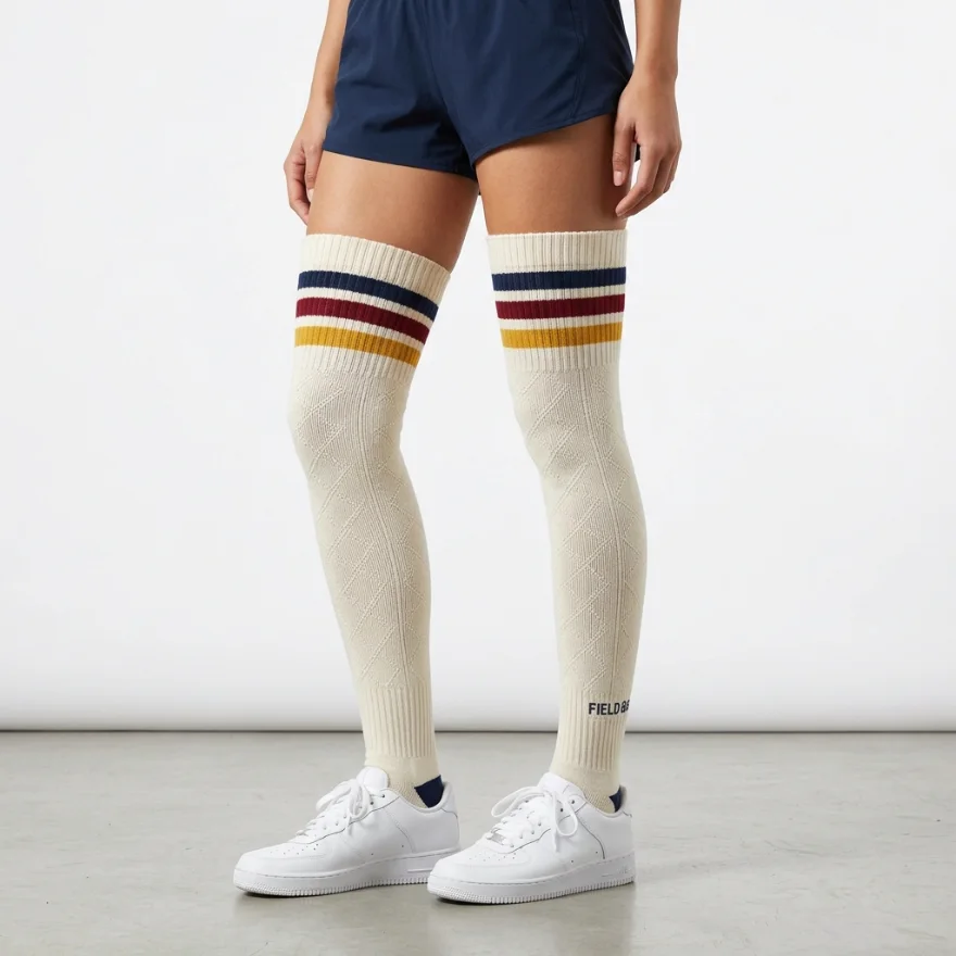 Custom cream over-the-knee socks with navy, red and gold stripes and a FIELD GEAR logo, worn with white sneakers