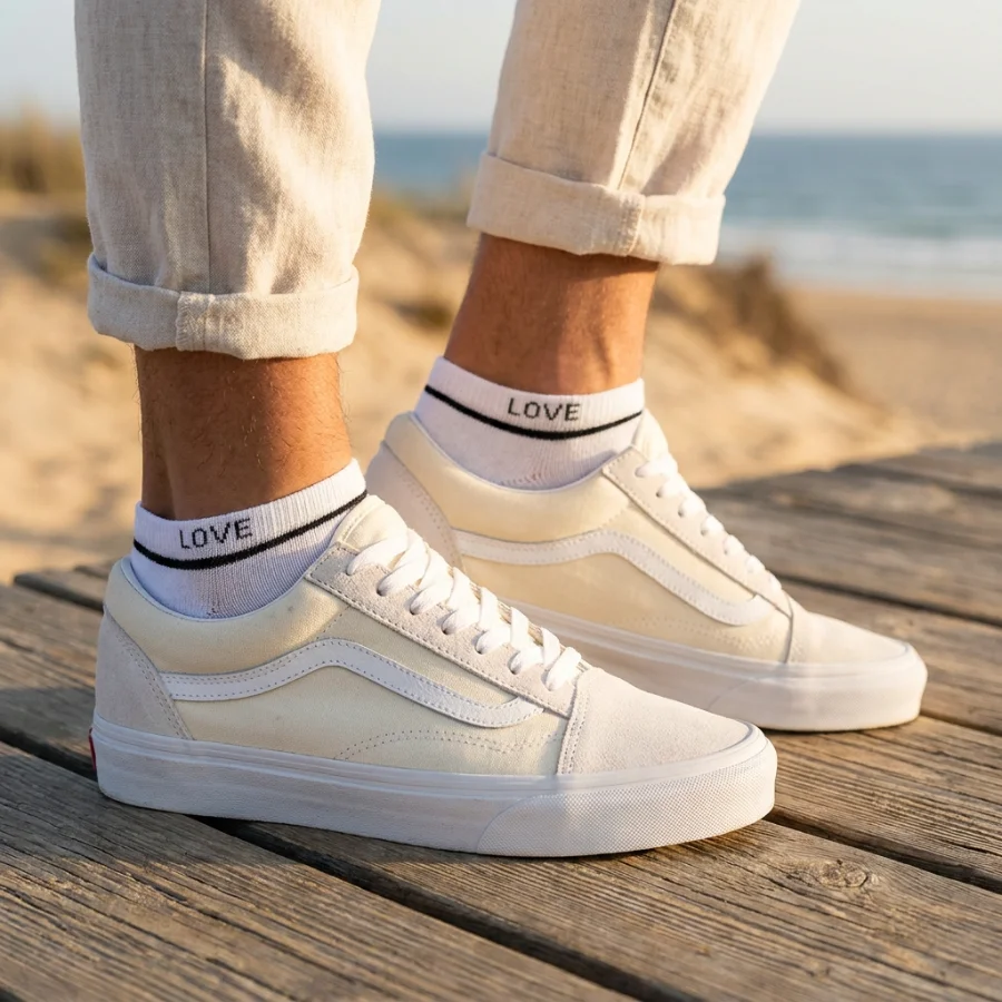 Custom white no-show socks reading LOVE, worn with off-white sneakers at the beach