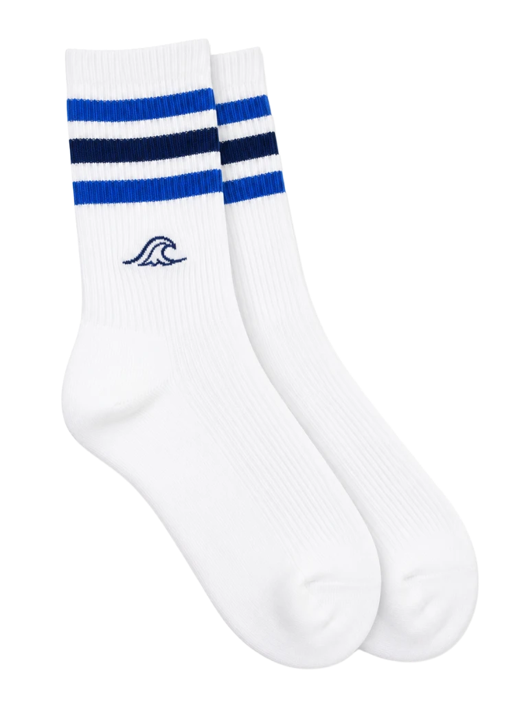 Custom white crew socks with blue stripes and an embroidered wave logo