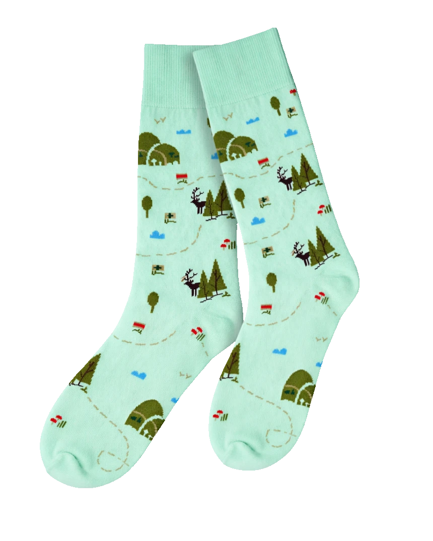 Custom mint crew socks with an all-over woodland pattern