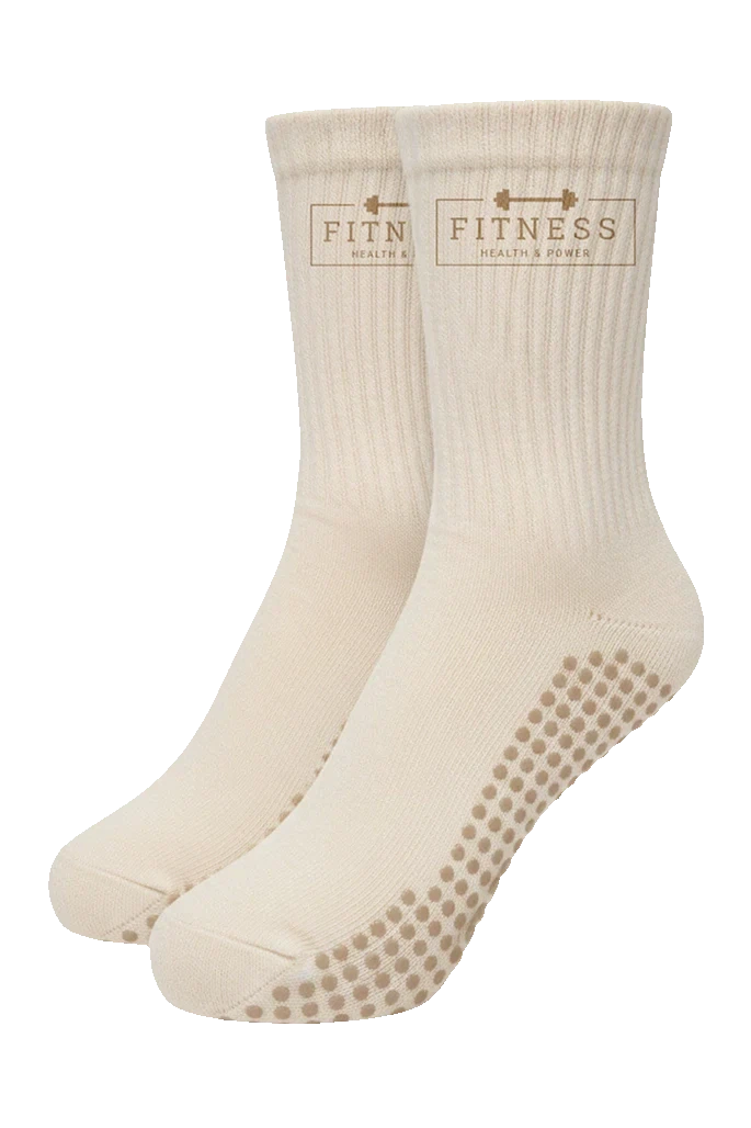 Custom cream crew socks with a Fitness brand logo and grip sole