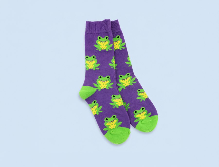 Custom crew socks with a purple frog pattern