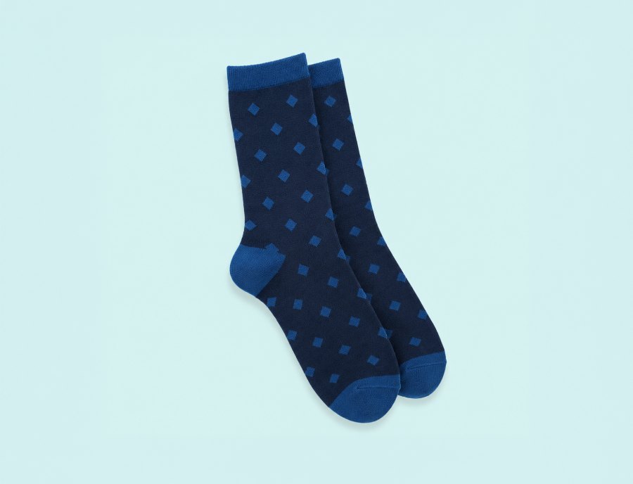 Custom navy dress socks with a blue diamond pattern